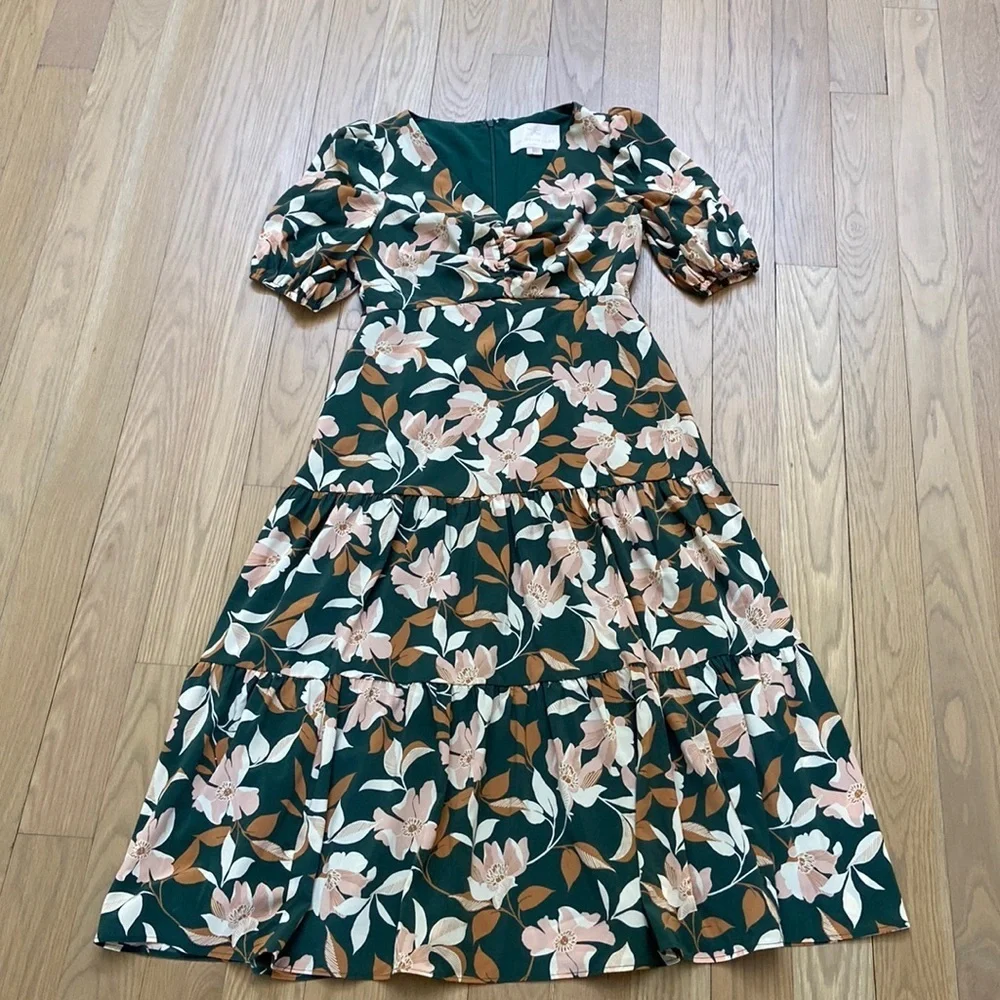 Gal Meets Glam Green Floral Midi Dress with Pink and Cream Blooms - Picture 2 of 5